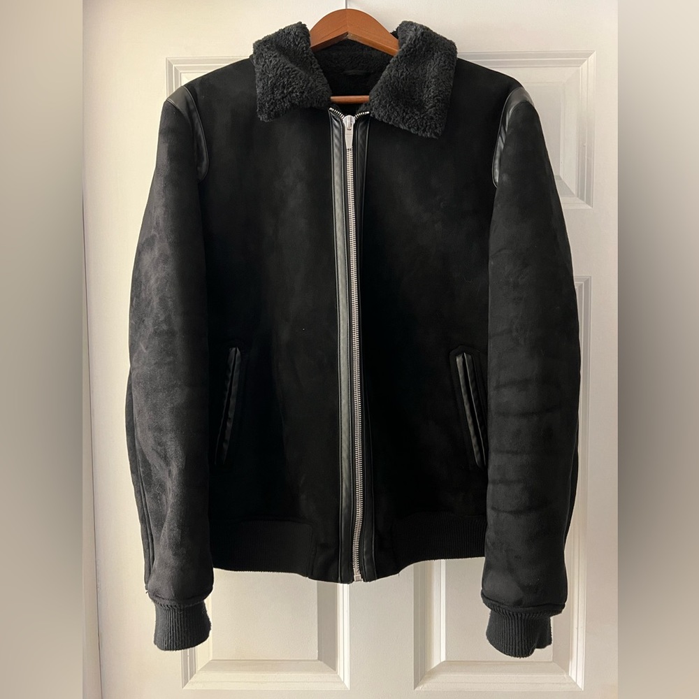 Zara Man Faux Shearling Leather Bomber Jacket Black size XL